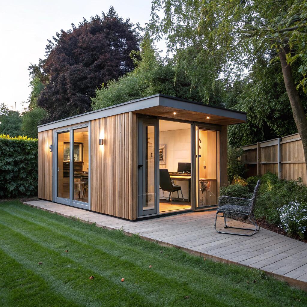Modern garden room with glass doors and timber cladding, set in a private garden, used as a home office for better work-life balance