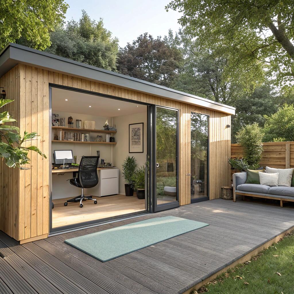 Modern garden room with timber cladding and large glass doors, showing flexible interior with home office, family lounge, and fitness space, surrounded by trees in summer